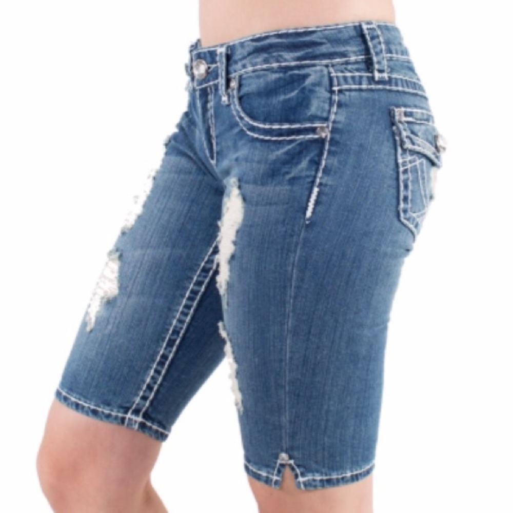 🔴 CLEARANCE 🩳 LA IDOL RIPPED DESTROYED DISTRESSED LONG JEAN BERMUDA SHORTS Sz 3 - Picture 5 of 10
